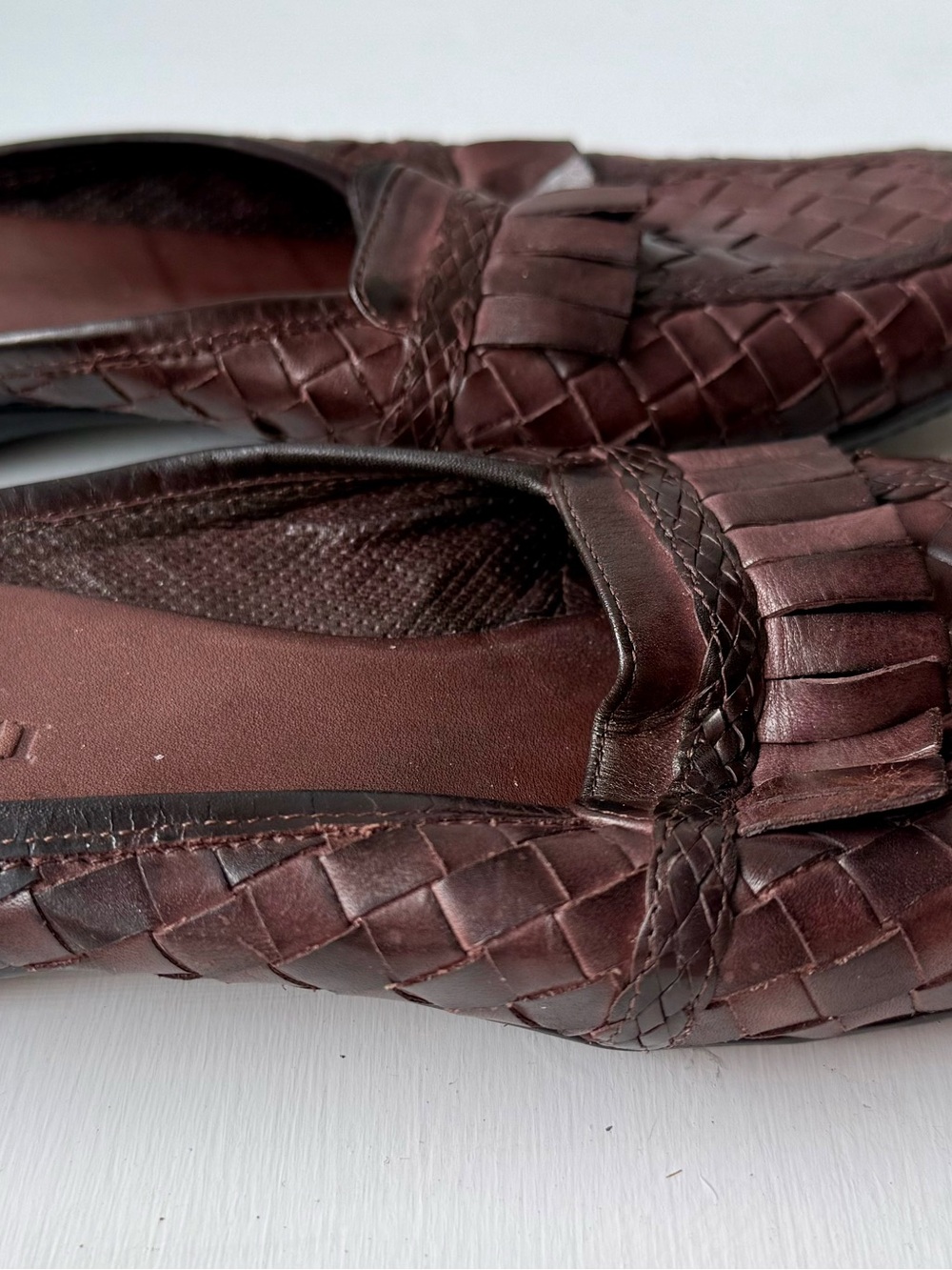 Sesto Meucci Dark Brown Woven Leather Tassel Loafers